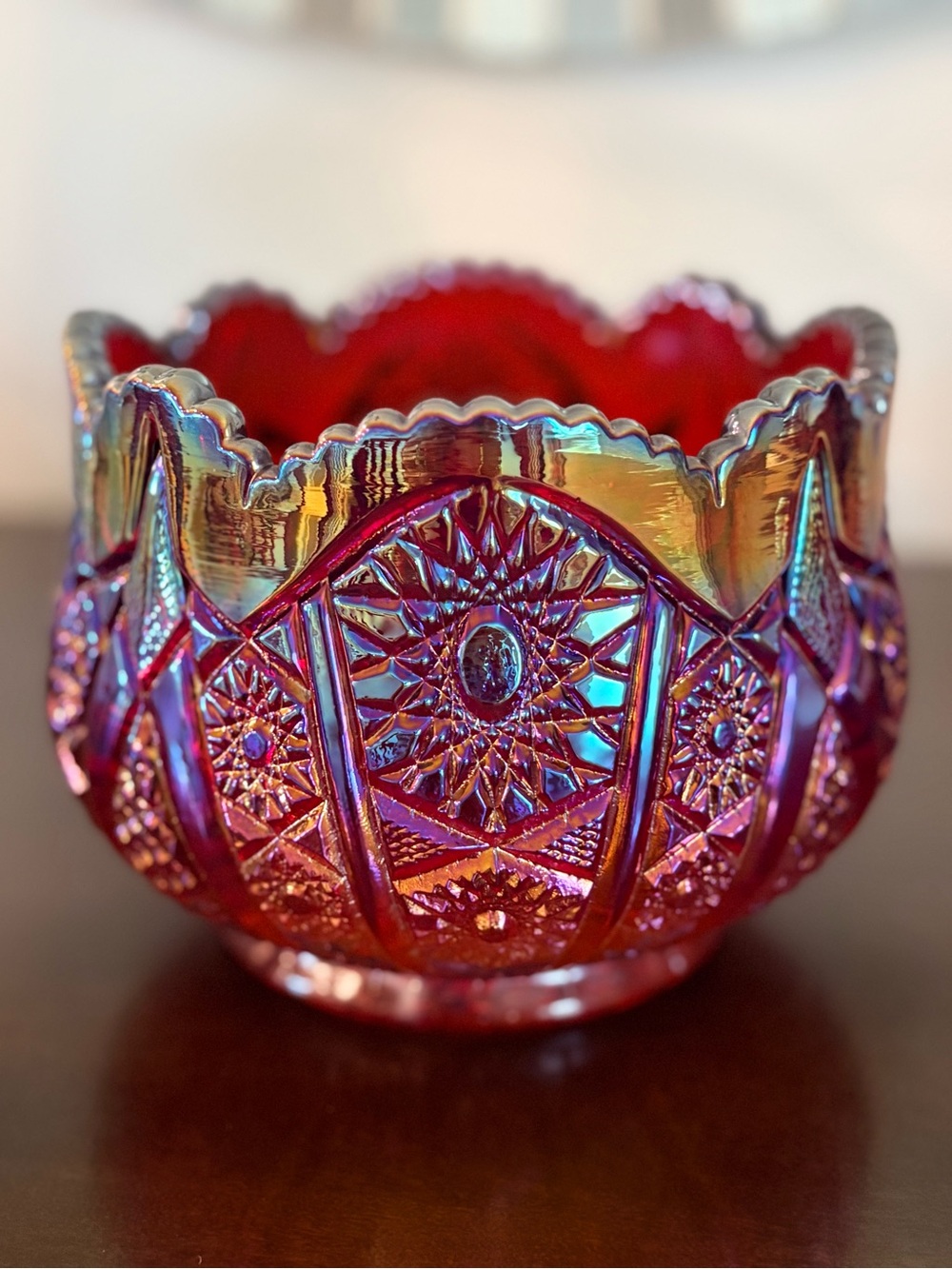 Vintage Indiana Glass Heirloom Sunset Ruby Red Carnival Glass Bowl Scalloped